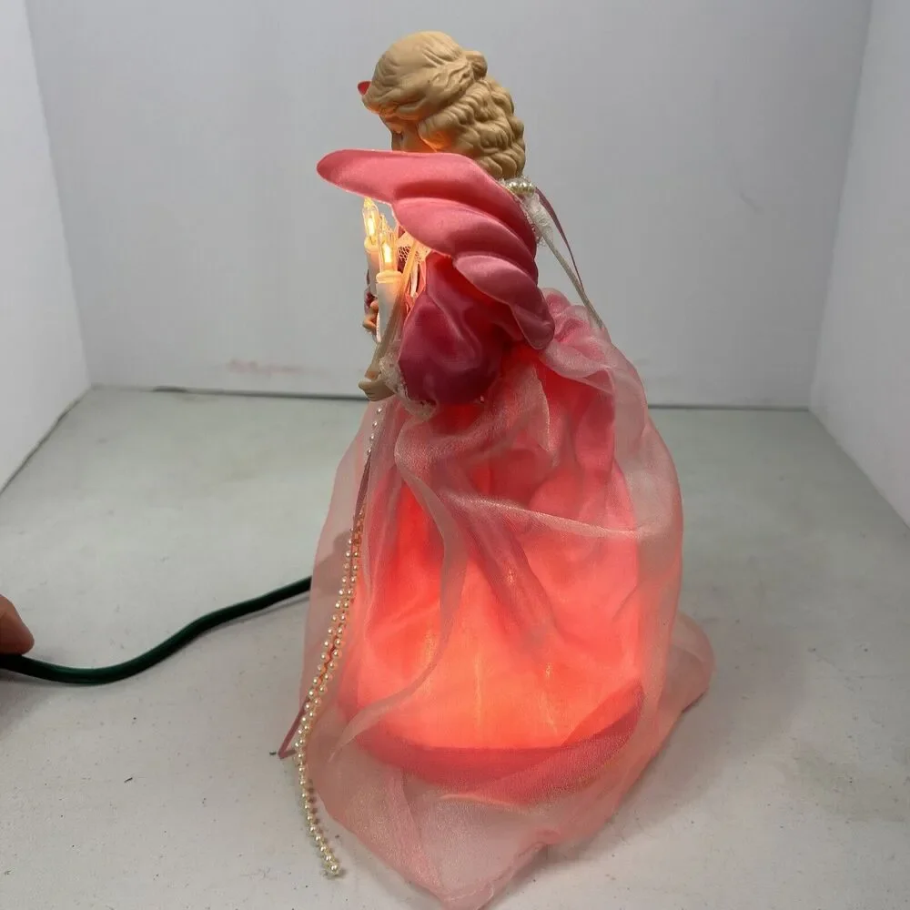 Angel Christmas Tree Topper Lighted Bisque Face‎ Pink Dress Flashing About 9